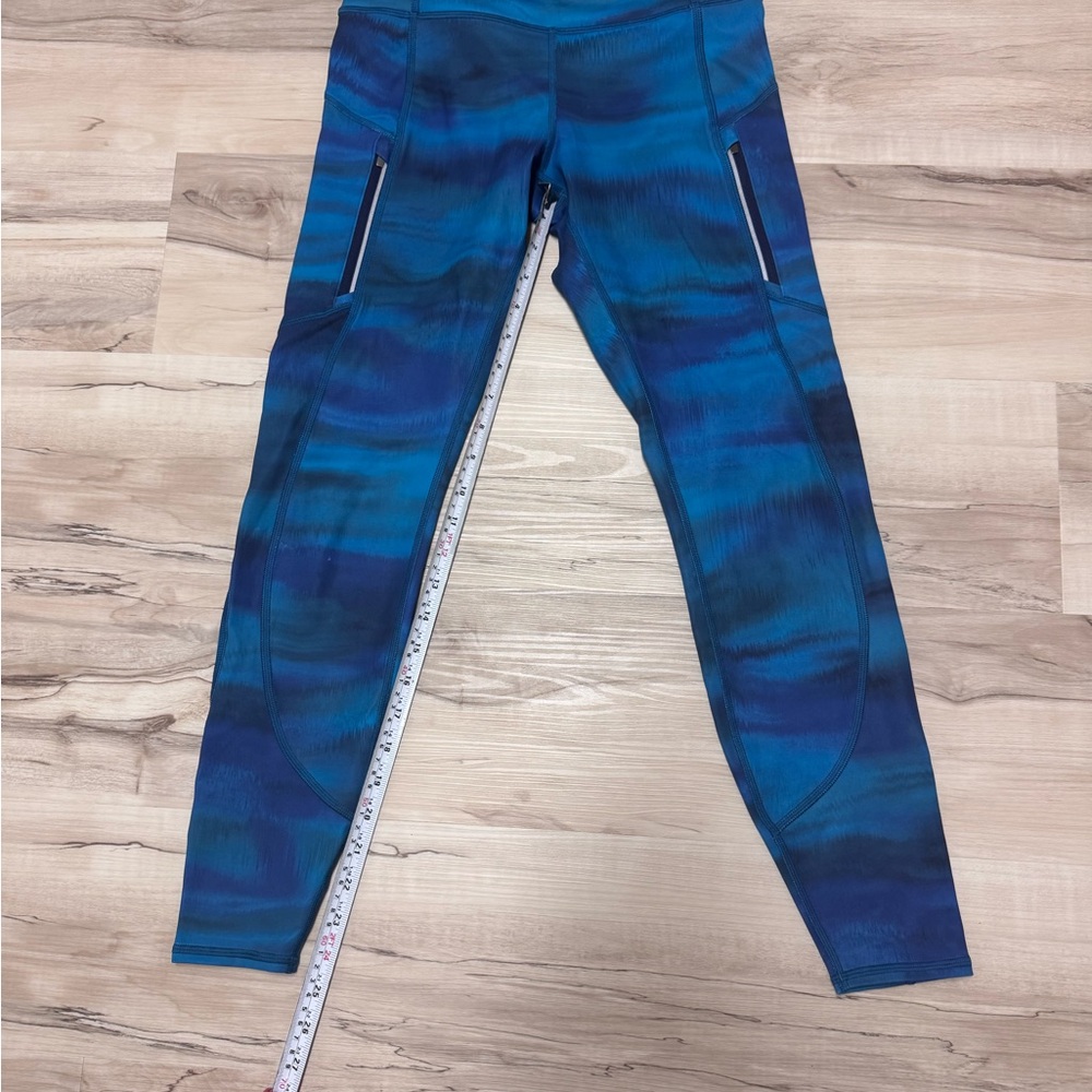 Athleta Blue and Black Rainier Printed Tights, brushed interior. Size S